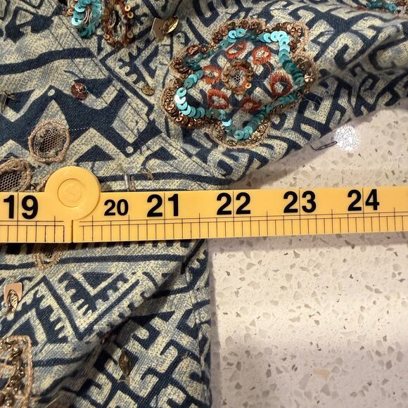 Chico’s Embroidered Sequin Jacket Blue Boho Tribal Linen Cotton Women 2 Large - Picture 7 of 8